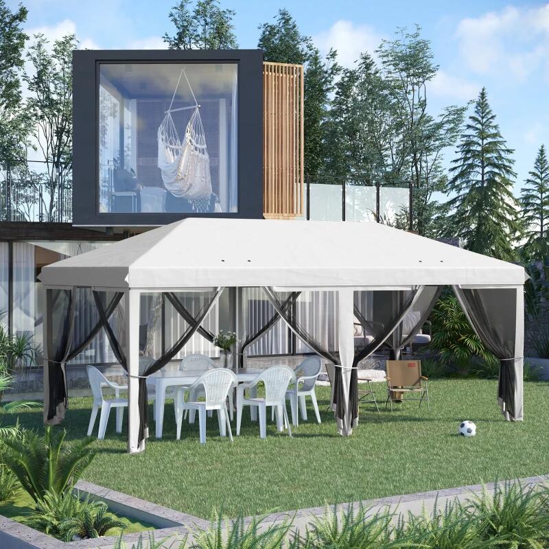 Pavilion/foisor pentru gradina/terasa, cadru metalic, cu plasa pentru insecte, alb si negru, 5.85x2.95x2.70 m