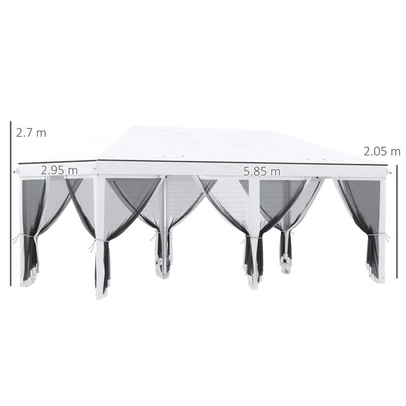 Pavilion/foisor pentru gradina/terasa, cadru metalic, cu plasa pentru insecte, alb si negru, 5.85x2.95x2.70 m