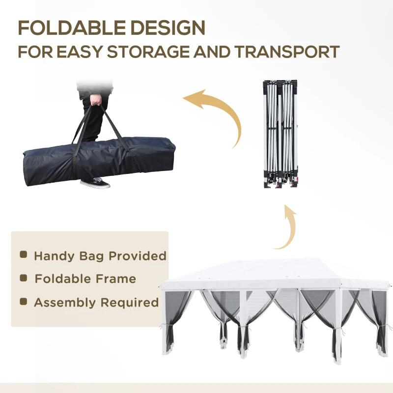 Pavilion/foisor pentru gradina/terasa, cadru metalic, cu plasa pentru insecte, alb si negru, 5.85x2.95x2.70 m