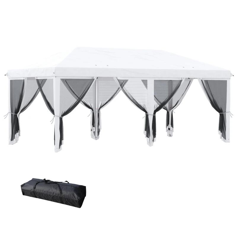 Pavilion/foisor pentru gradina/terasa, cadru metalic, cu plasa pentru insecte, alb si negru, 5.85x2.95x2.70 m