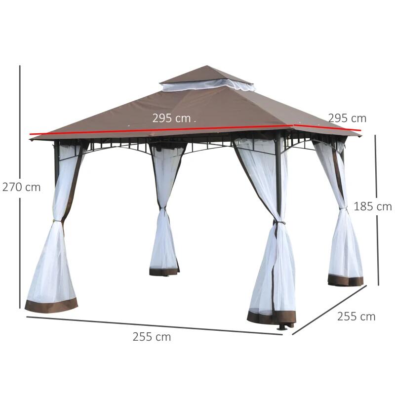 Pavilion/foisor pentru gradina/terasa, cadru metalic, cu plasa pentru insecte, maro si alb, 2.95x2.95x2.7 m