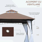 Pavilion/foisor pentru gradina/terasa, cadru metalic, cu plasa pentru insecte, maro si alb, 2.95x2.95x2.7 m
