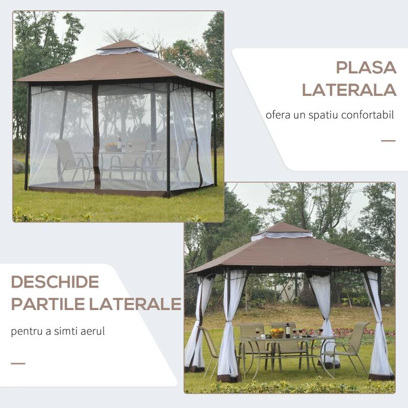 Pavilion/foisor pentru gradina/terasa, cadru metalic, cu plasa pentru insecte, maro si alb, 2.95x2.95x2.7 m