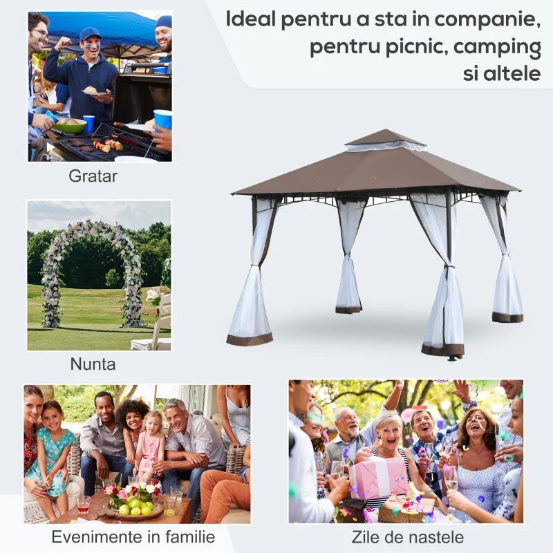 Pavilion/foisor pentru gradina/terasa, cadru metalic, cu plasa pentru insecte, maro si alb, 2.95x2.95x2.7 m