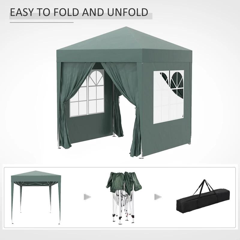 Pavilion pentru camping, cadru metalic, 4 pereti, pliabil, verde, 2x2x2.4 m
