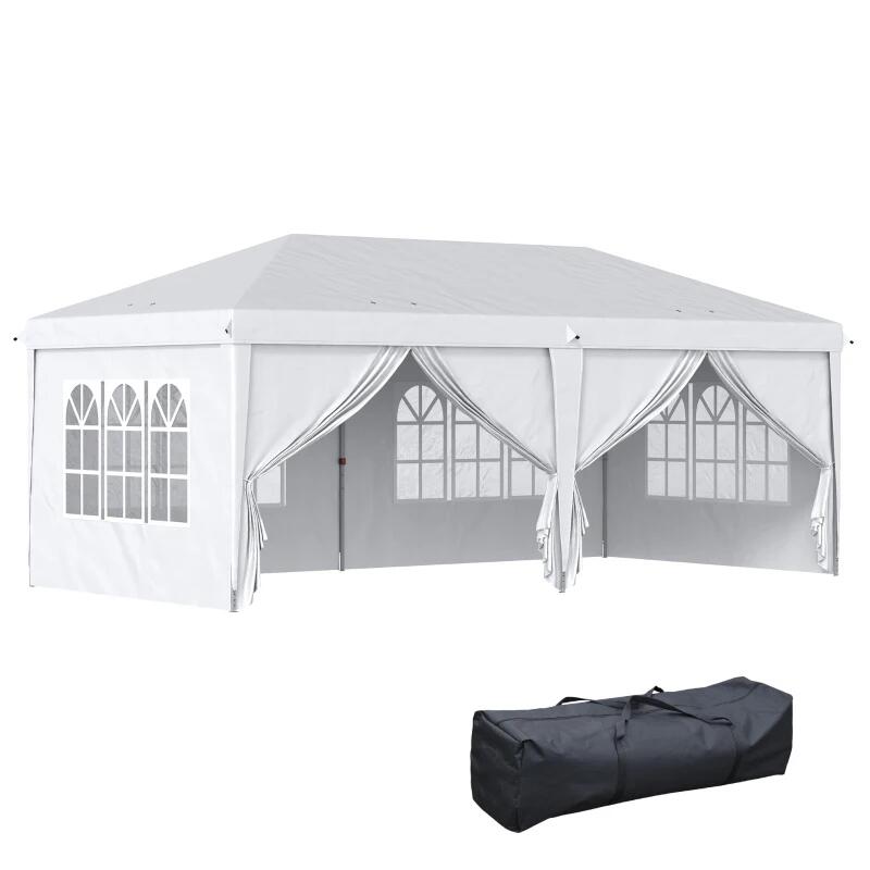 Pavilion pentru gradina/comercial, cadru metalic, material Oxford, 6 pereti, pliabil, alb, 5.85x2.95x2.70 m