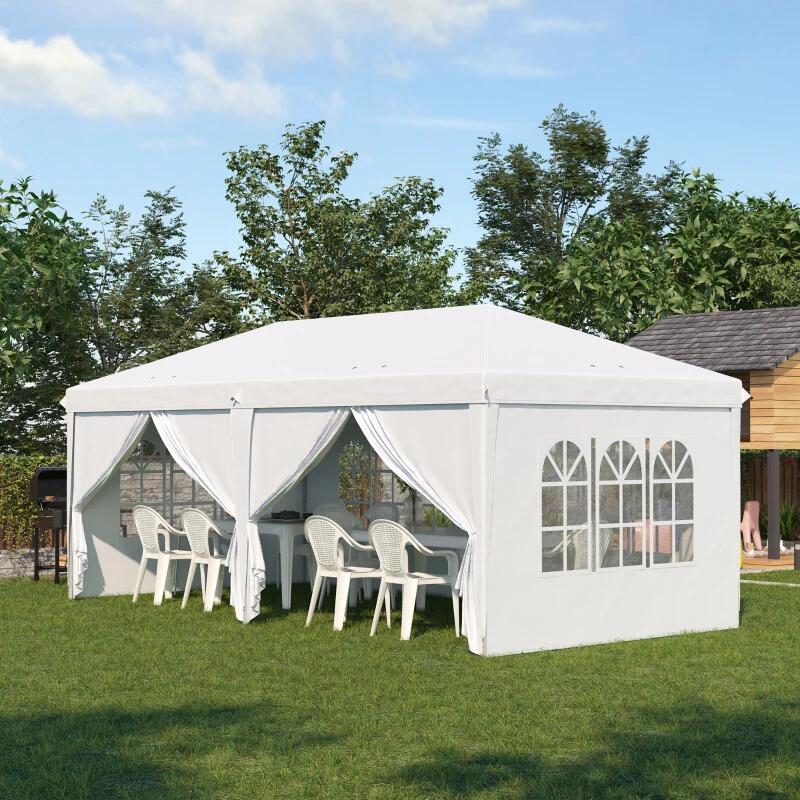 Pavilion pentru gradina/comercial, cadru metalic, material Oxford, 6 pereti, pliabil, alb, 5.85x2.95x2.70 m
