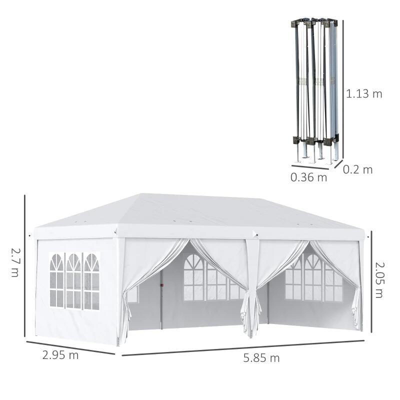 Pavilion pentru gradina/comercial, cadru metalic, material Oxford, 6 pereti, pliabil, alb, 5.85x2.95x2.70 m