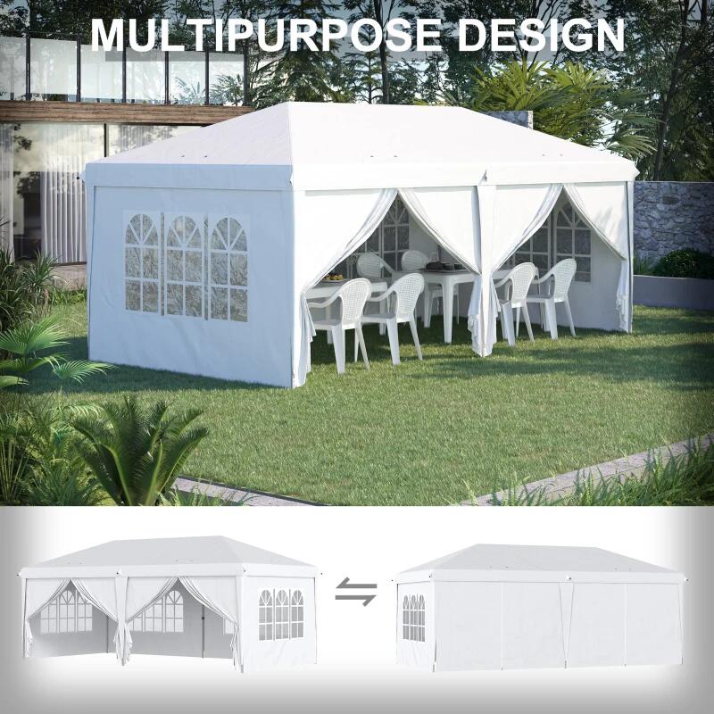 Pavilion pentru gradina/comercial, cadru metalic, material Oxford, 6 pereti, pliabil, alb, 5.85x2.95x2.70 m
