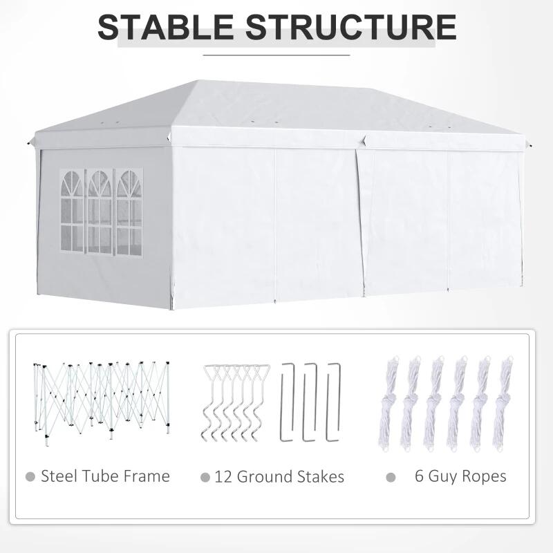 Pavilion pentru gradina/comercial, cadru metalic, material Oxford, 6 pereti, pliabil, alb, 5.85x2.95x2.70 m