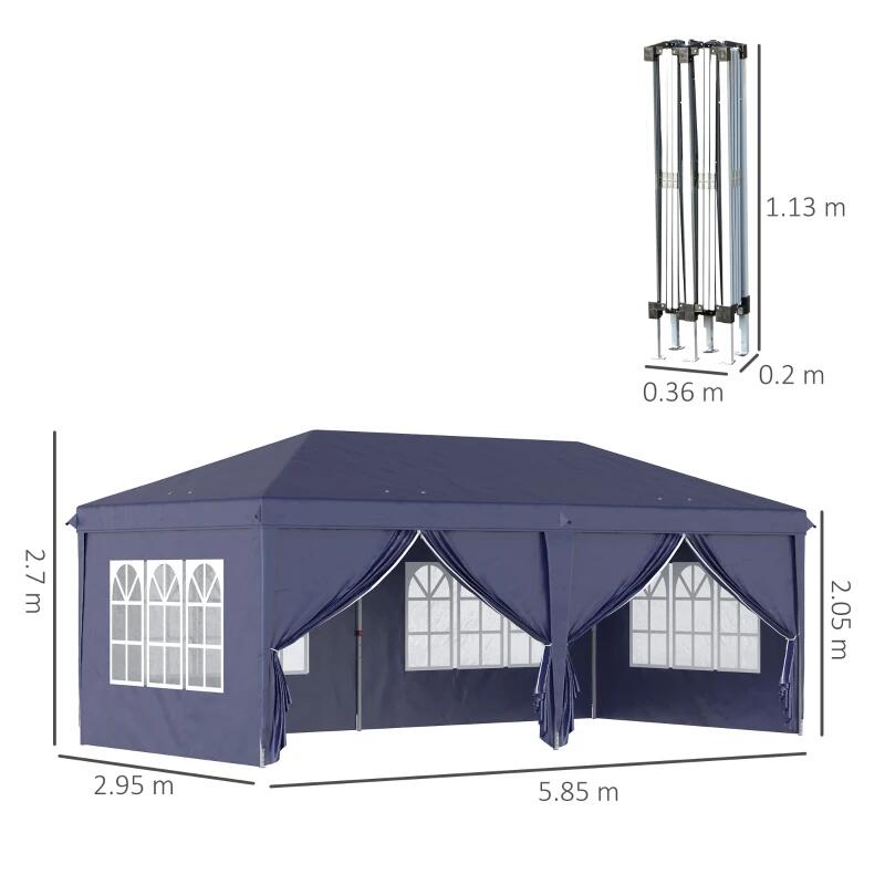 Pavilion pentru gradina/comercial, cadru metalic material Oxford, 6 pereti, cu geanta, albastru, 5.85x2.95x2.70 m