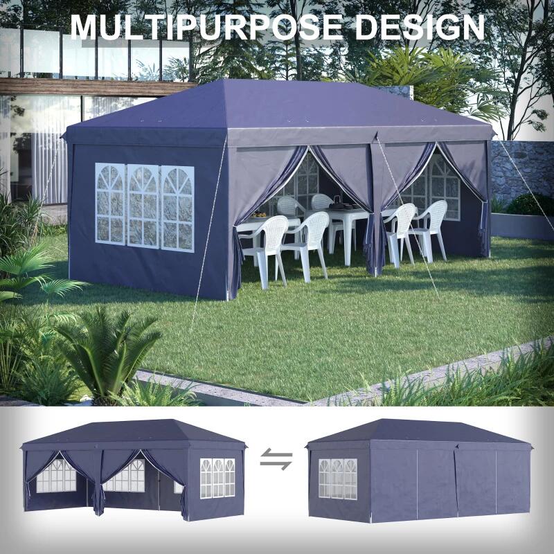 Pavilion pentru gradina/comercial, cadru metalic material Oxford, 6 pereti, cu geanta, albastru, 5.85x2.95x2.70 m