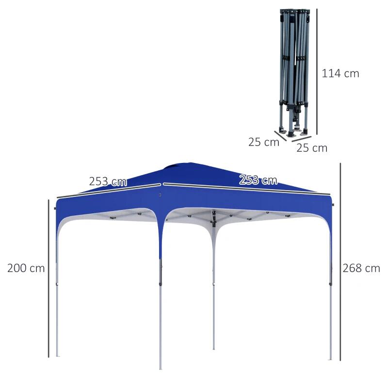 Pavilion pentru gradina/comercial, cadru metalic, material Oxford, inaltime reglabila, cu husa, contragreutati, albastru, 2.53x2.53x2.68 m