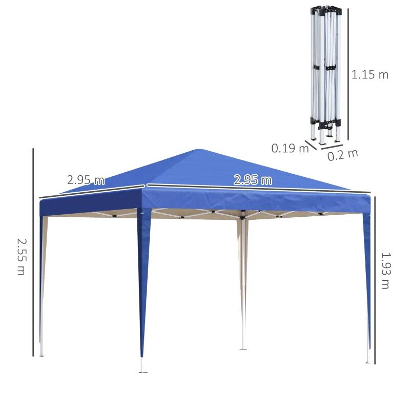 Pavilion pentru gradina/comercial, cadru metalic, material Oxford, pliabil, cu geanta si accesorii montare, albastru, 2.95x2.95x2.55 m