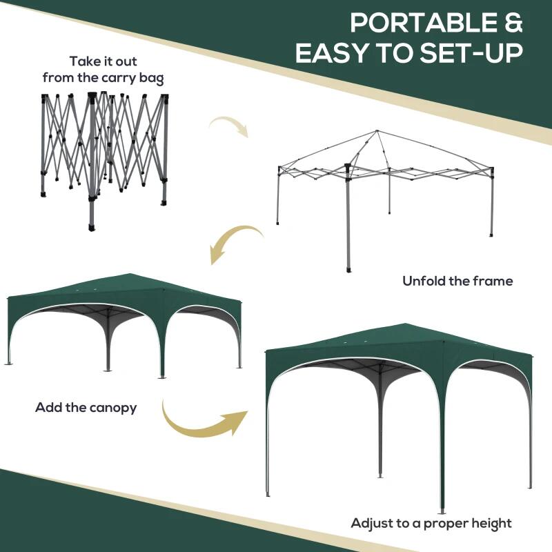 Pavilion pentru gradina/terasa, cadru metalic, material Oxford, cu tarusi, corzi ancorare, geanta, reglabil, verde, 2.95x2.95x2.55 m