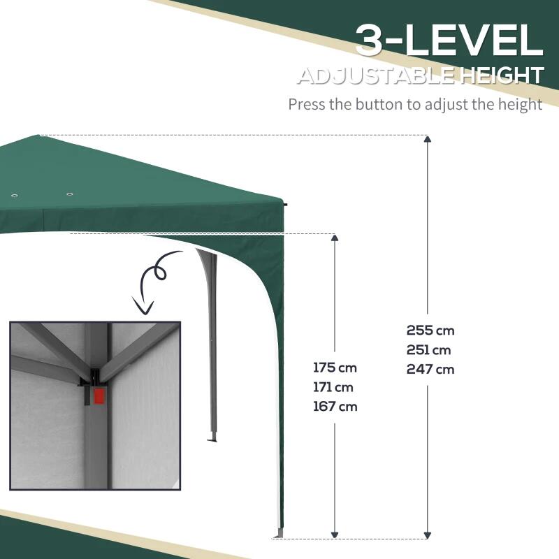 Pavilion pentru gradina/terasa, cadru metalic, material Oxford, cu tarusi, corzi ancorare, geanta, reglabil, verde, 2.95x2.95x2.55 m