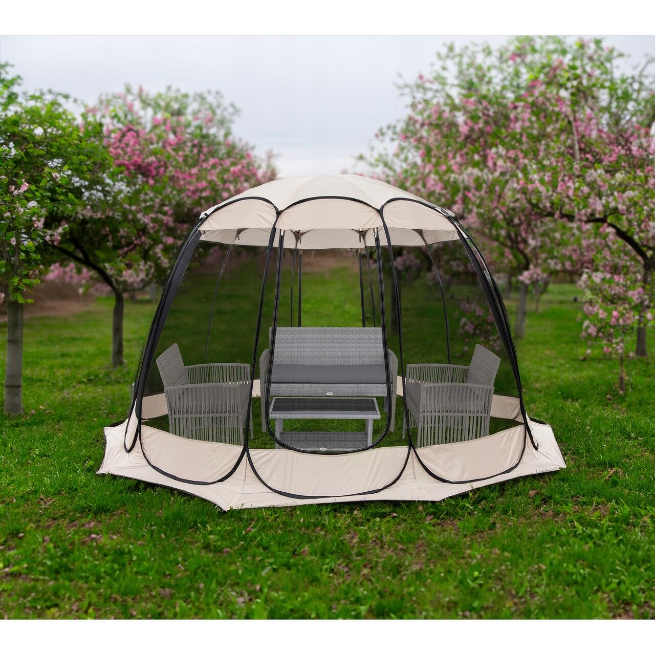 Pavilion tip cort pentru gradina, cadru otel, plasa poliester, bej si gri, 3.60x3.60x2.35 m, Jumi