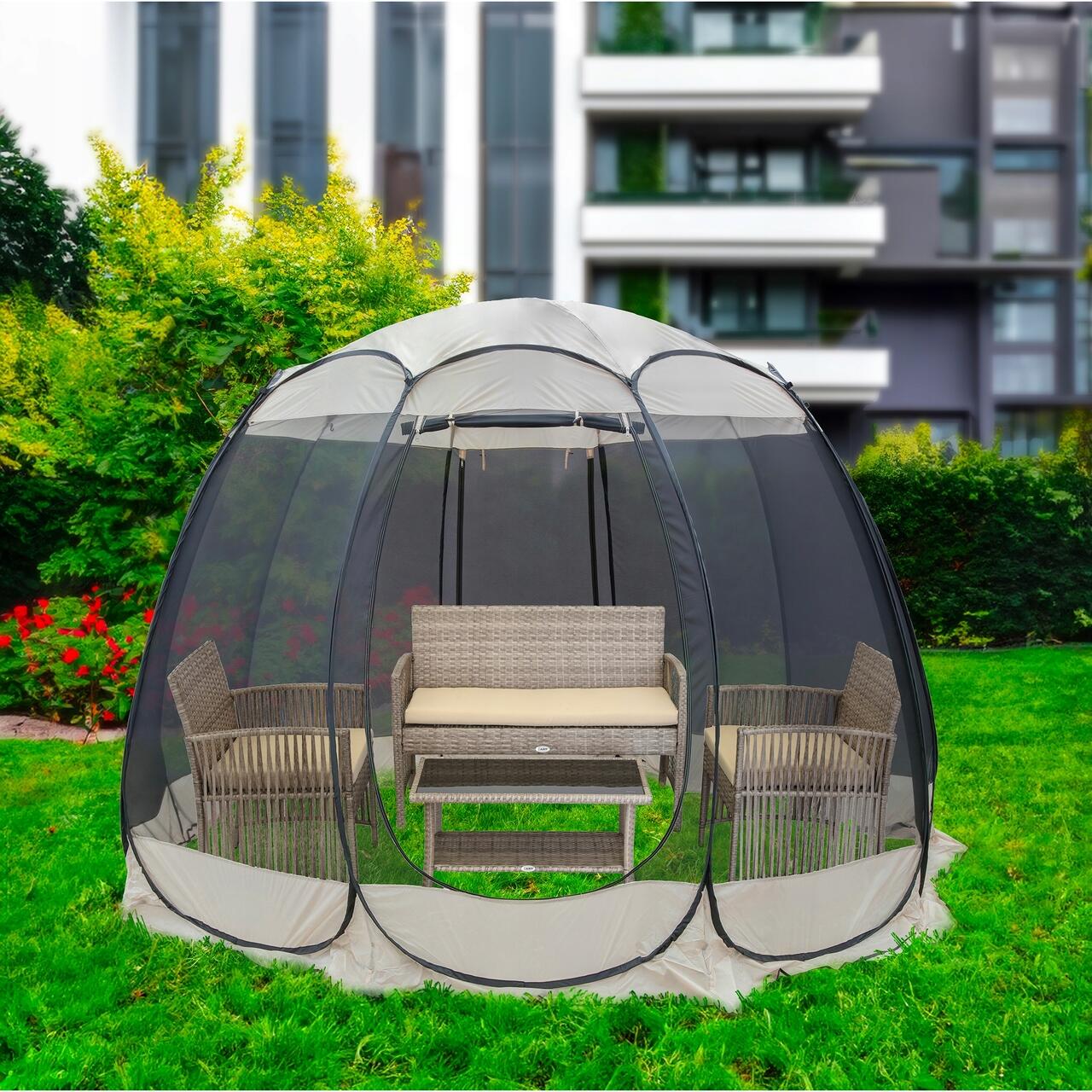 Pavilion tip cort pentru gradina, cadru otel, plasa poliester, bej si gri, 3.60x3.60x2.35 m, Jumi