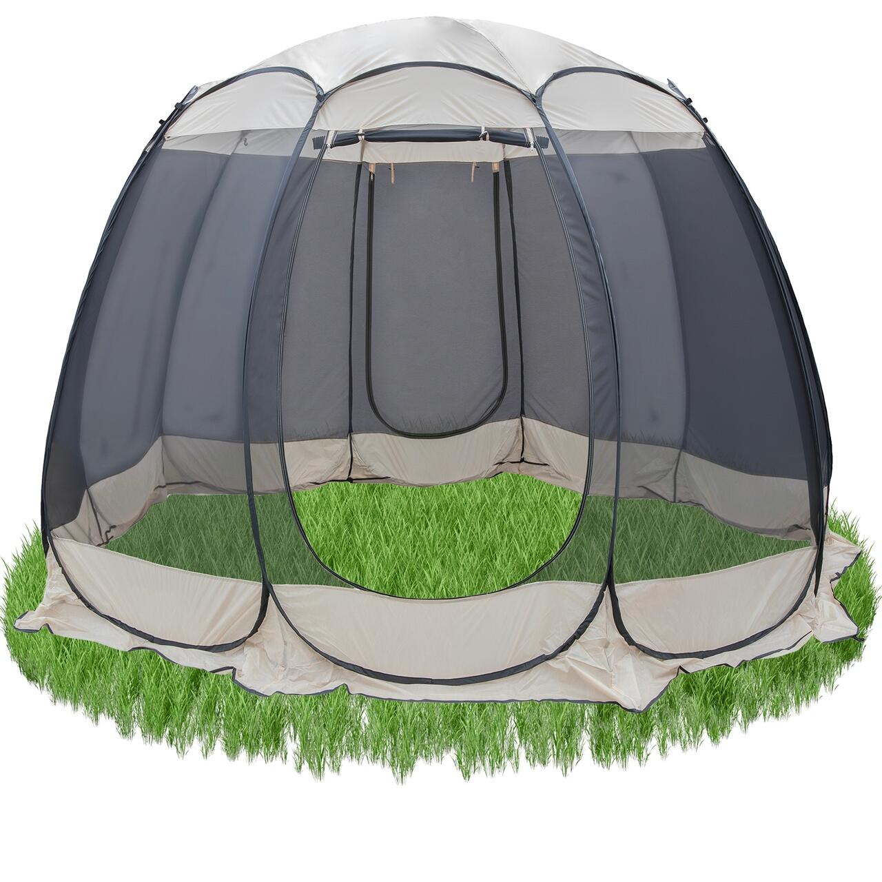 Pavilion tip cort pentru gradina, cadru otel, plasa poliester, bej si gri, 3.60x3.60x2.35 m, Jumi
