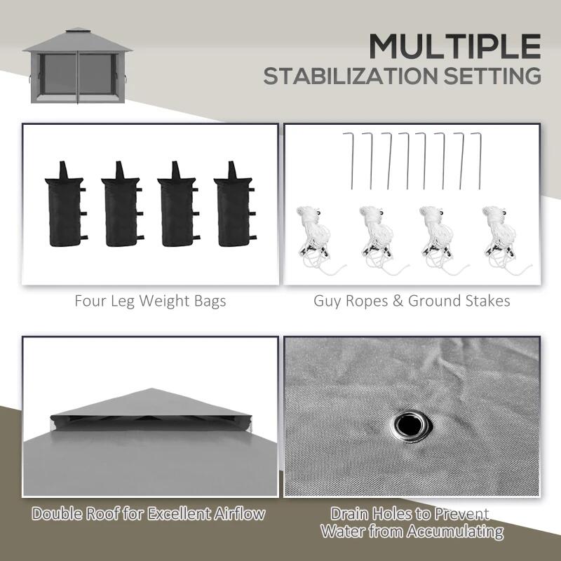 Pavilion/foisor pentru gradina/terasa, pliabil, cu inaltime ajustabila, material Oxford, cadru metalic, plasa insecte, 4 contragreutati, gri, 3.92x3.92x2.83 m