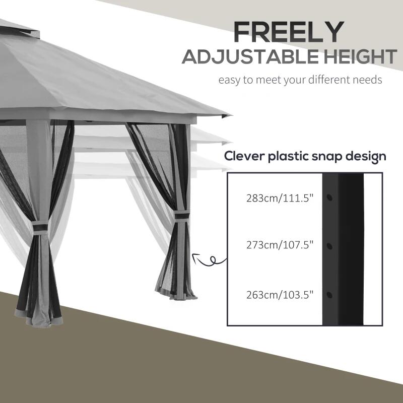 Pavilion/foisor pentru gradina/terasa, pliabil, cu inaltime ajustabila, material Oxford, cadru metalic, plasa insecte, 4 contragreutati, gri, 3.92x3.92x2.83 m