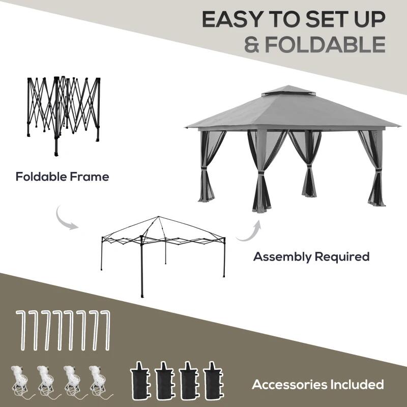 Pavilion/foisor pentru gradina/terasa, pliabil, cu inaltime ajustabila, material Oxford, cadru metalic, plasa insecte, 4 contragreutati, gri, 3.92x3.92x2.83 m