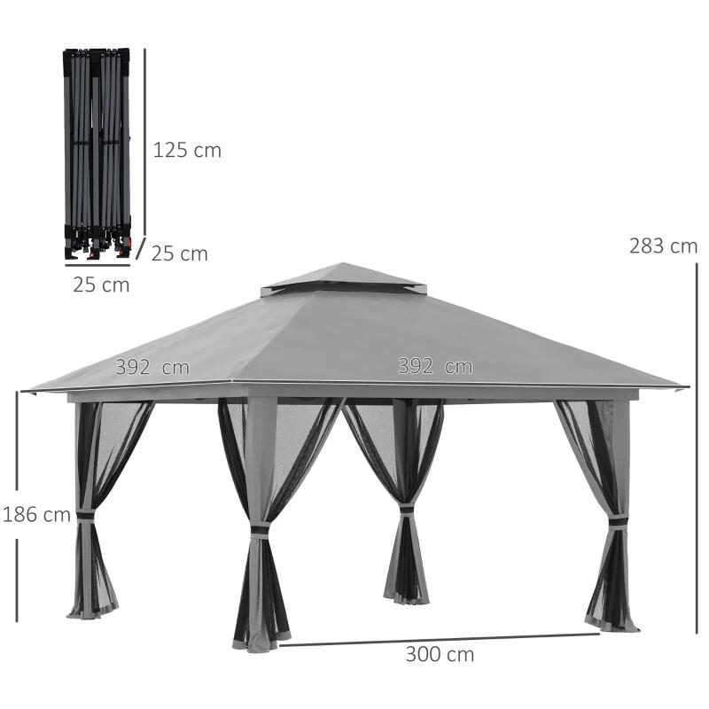 Pavilion/foisor pentru gradina/terasa, pliabil, cu inaltime ajustabila, material Oxford, cadru metalic, plasa insecte, 4 contragreutati, gri, 3.92x3.92x2.83 m