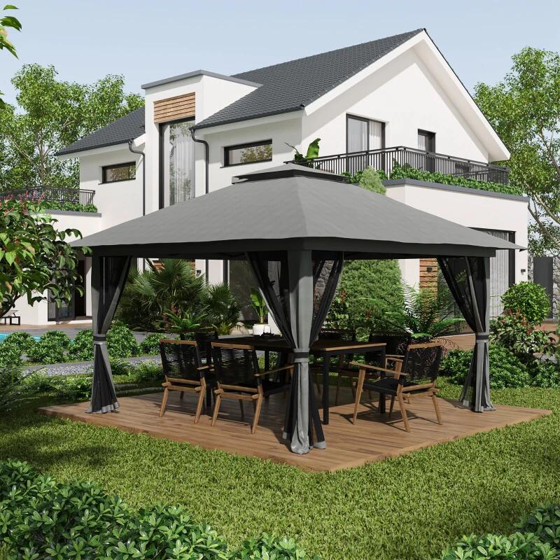 Pavilion/foisor pentru gradina/terasa, pliabil, cu inaltime ajustabila, material Oxford, cadru metalic, plasa insecte, 4 contragreutati, gri, 3.92x3.92x2.83 m