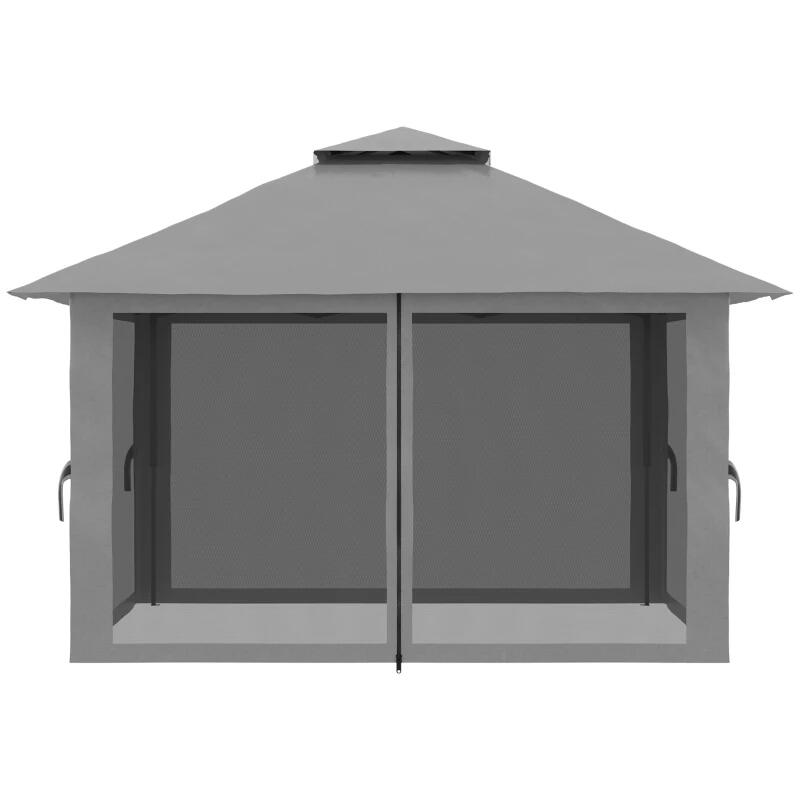 Pavilion/foisor pentru gradina/terasa, pliabil, cu inaltime ajustabila, material Oxford, cadru metalic, plasa insecte, 4 contragreutati, gri, 3.92x3.92x2.83 m