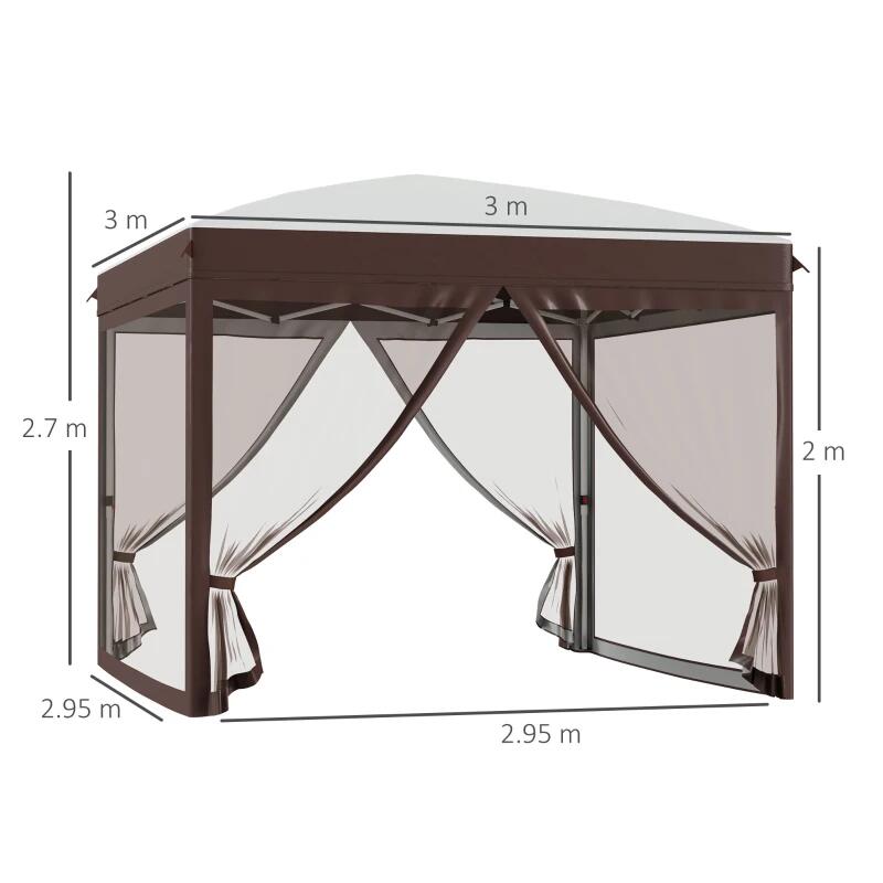 Pavilion/foisor pentru gradina/terasa, cadru metalic, cu plasa pentru insecte, inaltime ajustabila, maro, 3x3x2.7 m