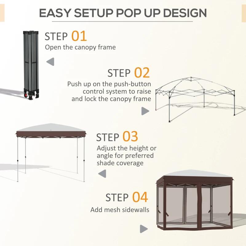 Pavilion/foisor pentru gradina/terasa, cadru metalic, cu plasa pentru insecte, inaltime ajustabila, maro, 3x3x2.7 m