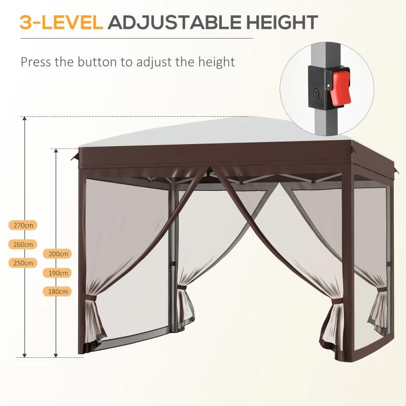 Pavilion/foisor pentru gradina/terasa, cadru metalic, cu plasa pentru insecte, inaltime ajustabila, maro, 3x3x2.7 m