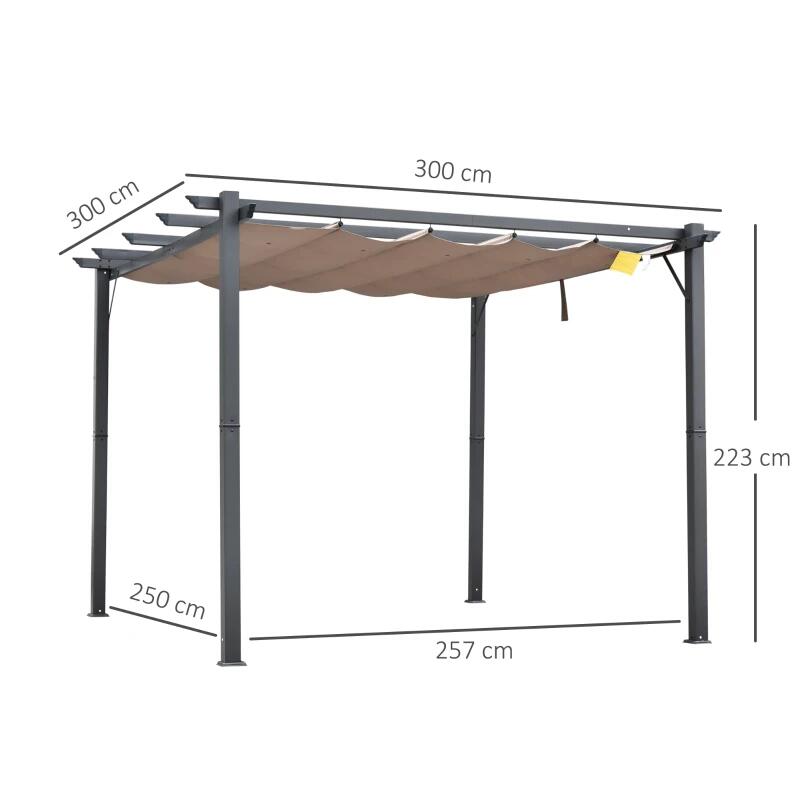 Pergola pentru gradina/terasa, retractabila, cadru aluminiu, gri si maro, 3x3x2.23 m