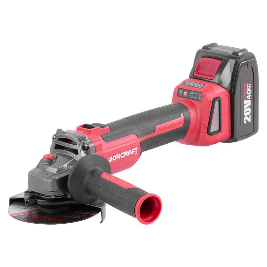 Sarokcsiszoló, flexibilis, 4 Ah-s akkumulátorral, 20 V-os Li-ion töltővel, táskával, 4 tárcsával, kesztyűvel, 115 mm, Worcraft