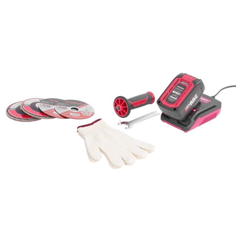 Polizor unghiular, flex, cu acumulator 4 Ah, incarcator 20 V Li-ion, geanta, 4 discuri, manusi, 115 mm, Worcraft