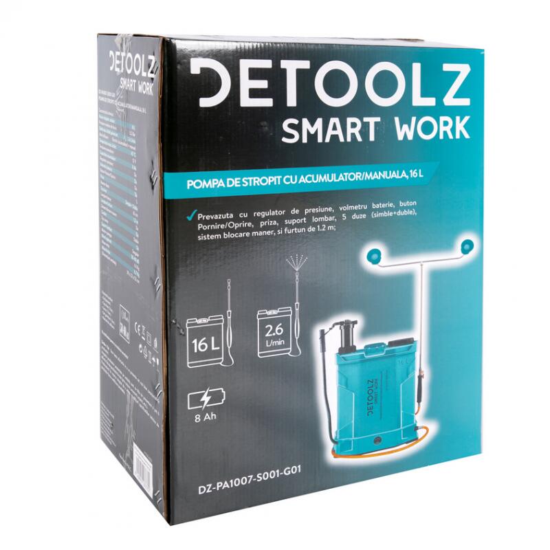 Kerti permetező, locsolószivattyú, Detoolz, 2 az 1-ben, Vermorel, kézi és elektromos, hátulra szerelhető, 8 Ah-s akkumulátorral, tartozékokkal, 16 L