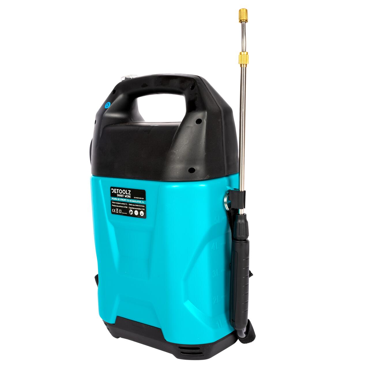 Kerti permetező, permetezőpumpa, Vermorel, Detoolz, elektromos, hátizsákra hordható, 2 Ah-s akkumulátorral, 5 L