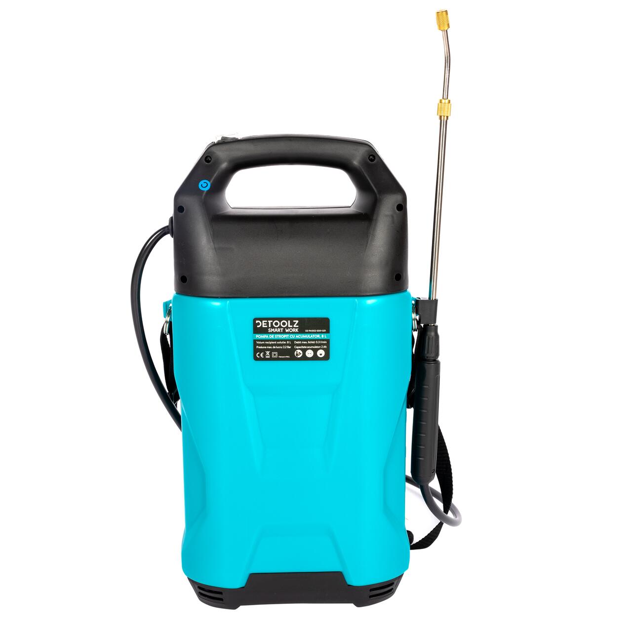 Kerti permetező, permetezőpumpa, Vermorel, Detoolz, elektromos, hátulra, 2 Ah-s akkumulátorral, 8 L