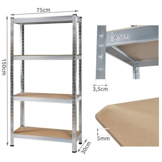 Tárolópolc, fém, 4 polc, 175 kg, 75x30x150 cm, Malatec