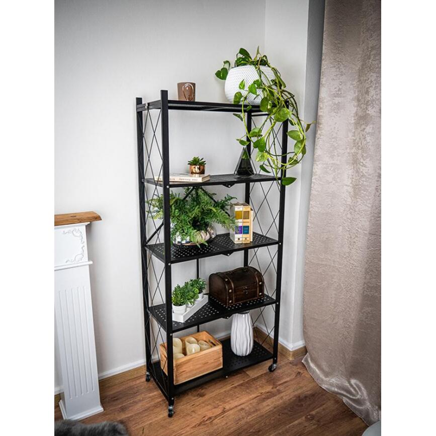 Raft depozitare, MagicHome, metalic, pliabil, pe roti, 5 polite, negru, max 250 kg, 72x34x163 cm