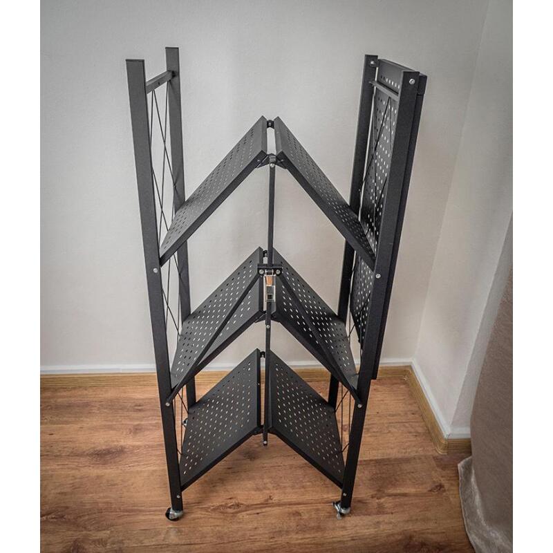 Tárolópolc, MagicHome, fém, összecsukható, kerekeken, 4 polc, fekete, max. 200 kg, 72x34x127 cm