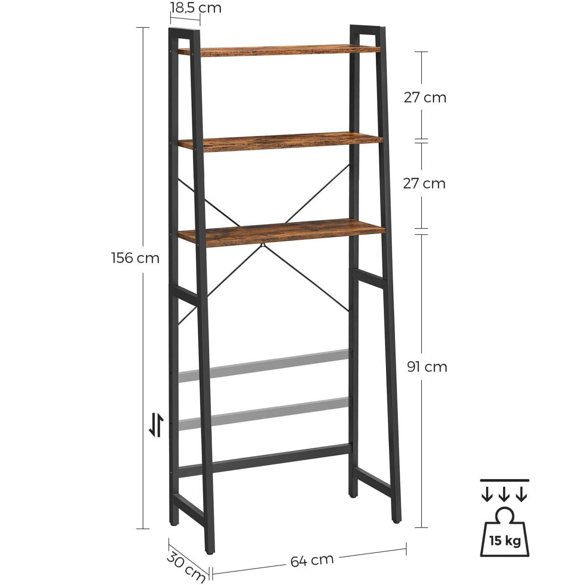 Raft pentru baie, deasupra toaletei, pal si otel, 3 polite, maro rustic si negru, 64x30x156 cm
