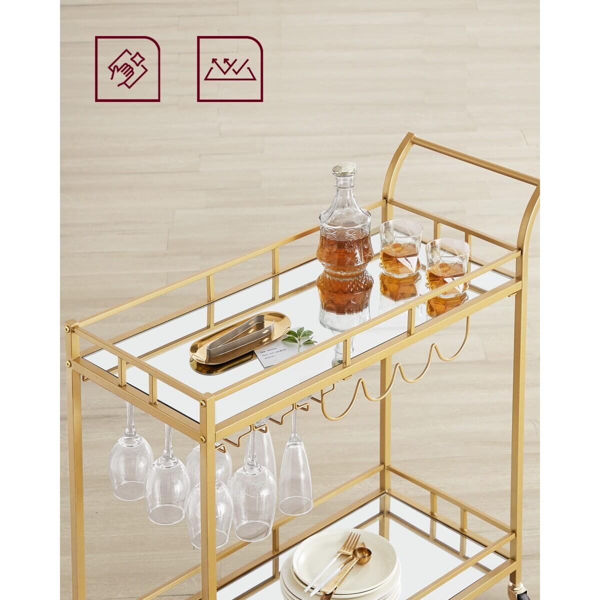 Carucior servire, raft mobil pentru bucatarie, pe roti, otel, sticla, cu suport pahare si sticle, auriu, 86x38x90 cm