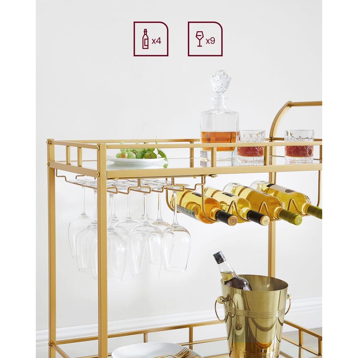 Carucior servire, raft mobil pentru bucatarie, pe roti, otel, sticla, cu suport pahare si sticle, auriu, 86x38x90 cm