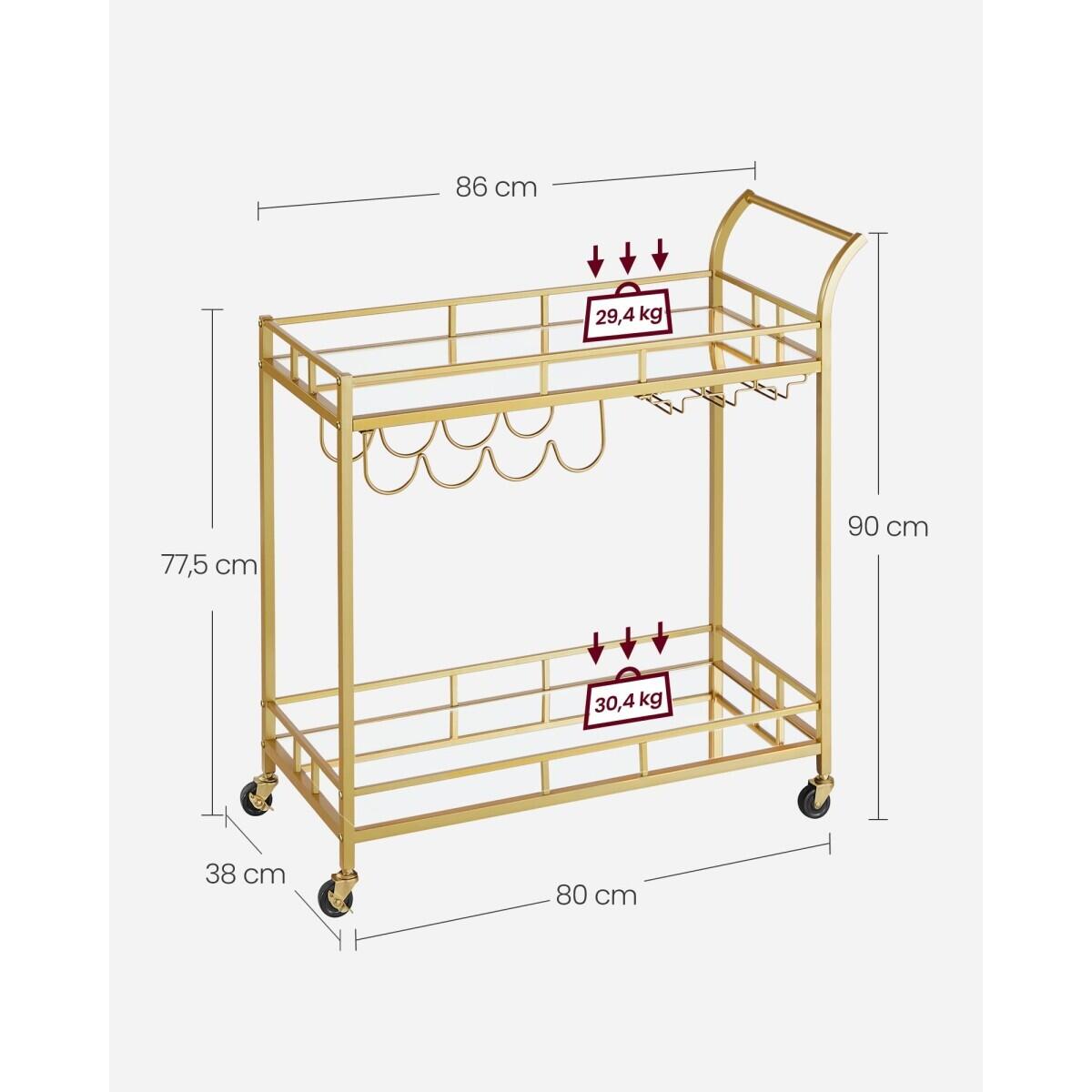 Raft mobil pentru bucatarie, Artool, pe roti, otel, sticla, cu suport pahare si sticle, auriu, 86x38x90 cm