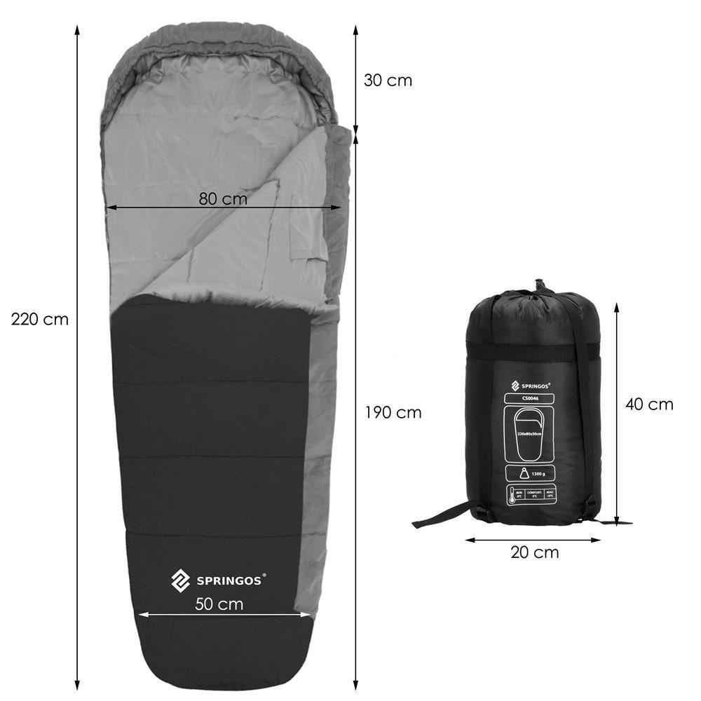 Sac de dormit, turistic, negru si gri, 220x50/80 cm, Springos