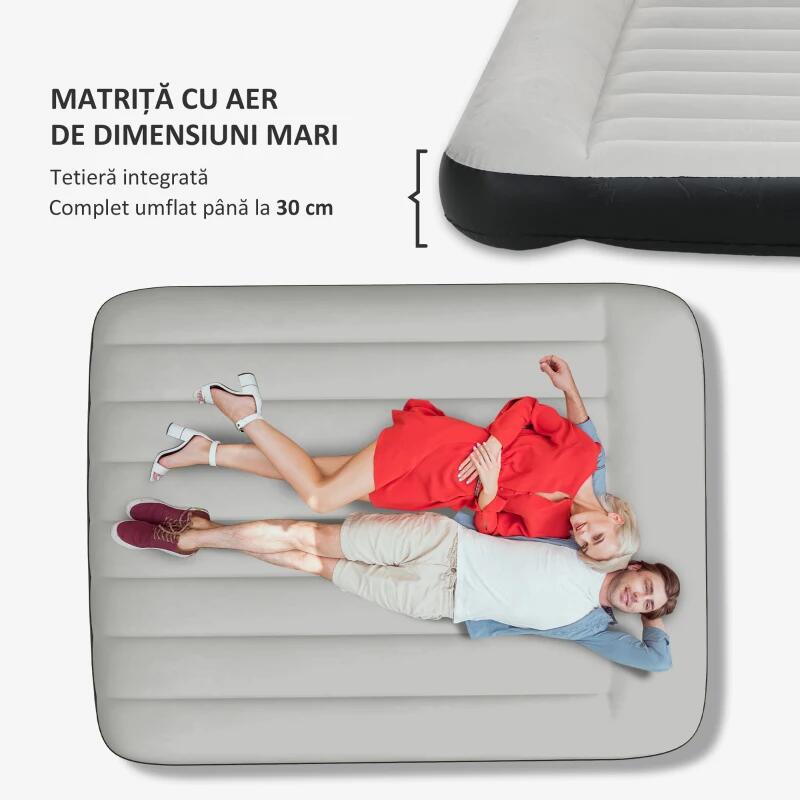 Saltea camping, 2 persoane, gonflabila, cu pompa electrica incorporata, 220-240 V, PVC, gri si negru, 203x152x30 cm