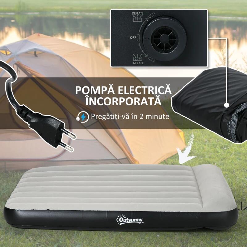 Saltea camping, 2 persoane, gonflabila, cu pompa electrica incorporata, 220-240 V, PVC, gri si negru, 203x152x30 cm