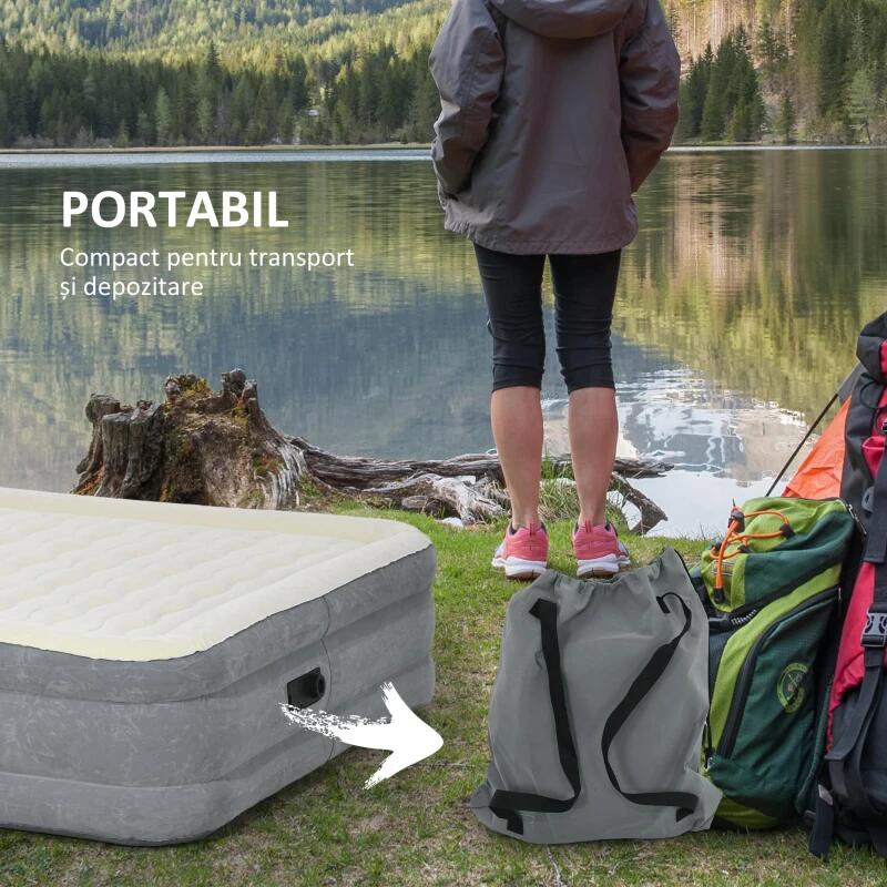 Saltea camping, gonflabila, cu pompa electrica incorporata, 220-240 V, PVC, gri si bej, 203x92x46 cm