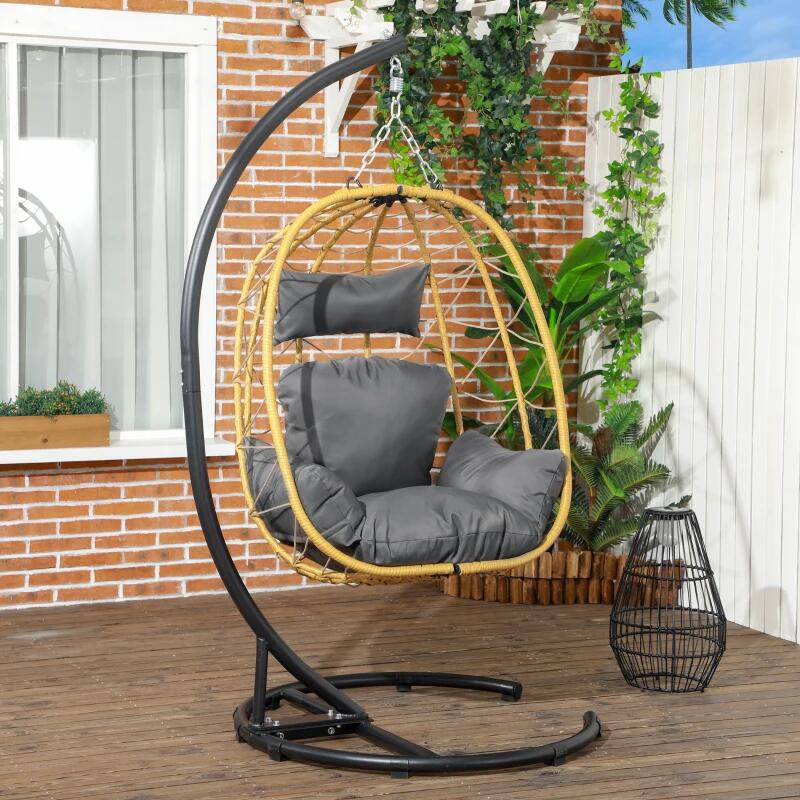 Függőhinta, Wilona, szintetikus rattan, sárga és fekete, szürke ülőpárna, max. 150 kg